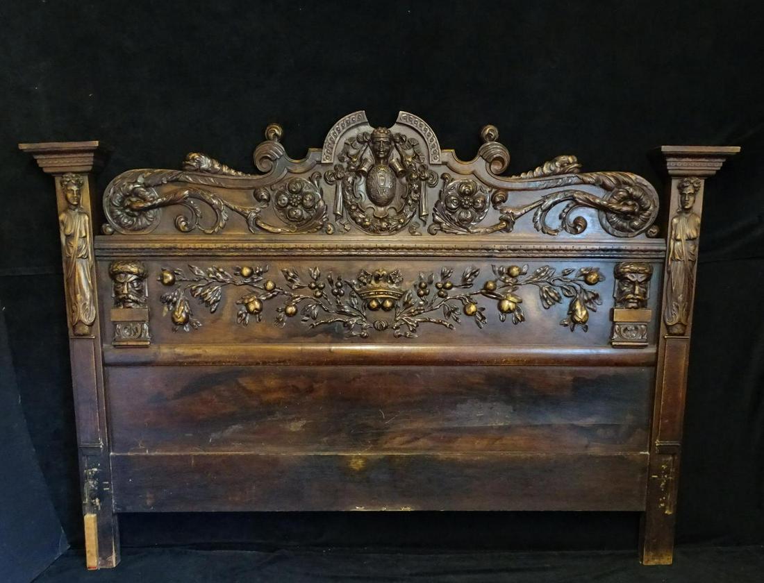 FIGURAL CARVED WALNUT HEADBOARD: FIGURAL CARVED WALNUT HEADBOARD 62"H 89.5"L