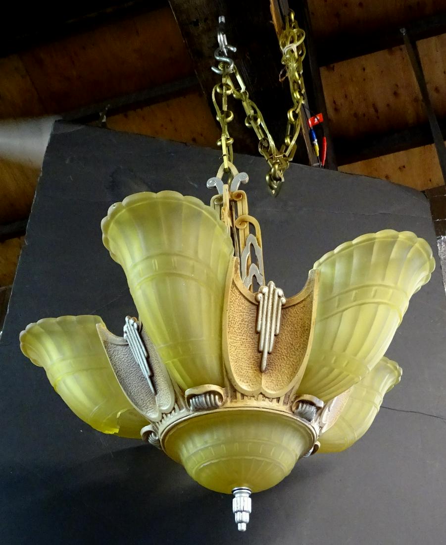 DECO FIXTURE WITH SLIP SHADES: DECO FIXTURE WITH SLIP SHADES (1 REPAIRED)