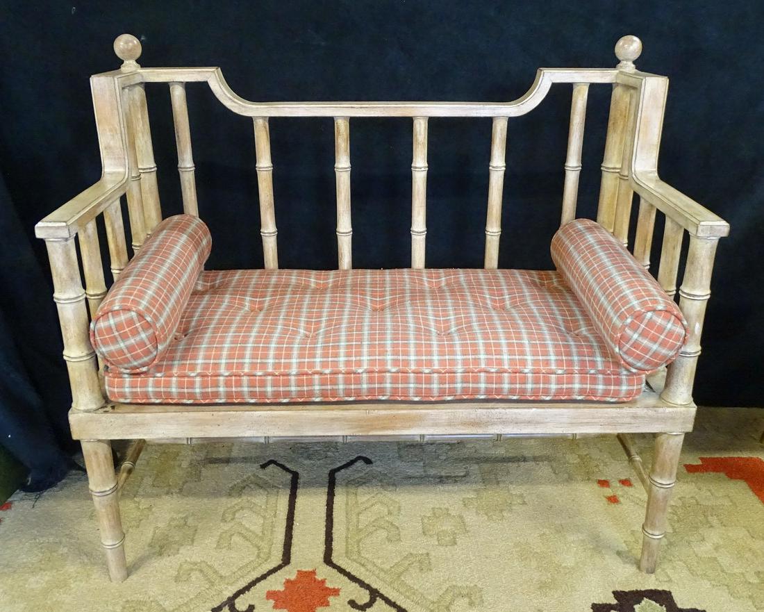 FAUX BAMBOO CANED BENCH WITH PLAID UPHOLSTERED CUSHIONS: FAUX BAMBOO CANED BENCH WITH PLAID UPHOLSTERED CUSHIONS 32"H 36"W 17"D