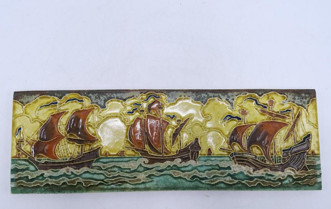 DELFT TILE WITH SHIP MOTIF: DELFT TILE WITH SHIP MOTIF 12.25"L
