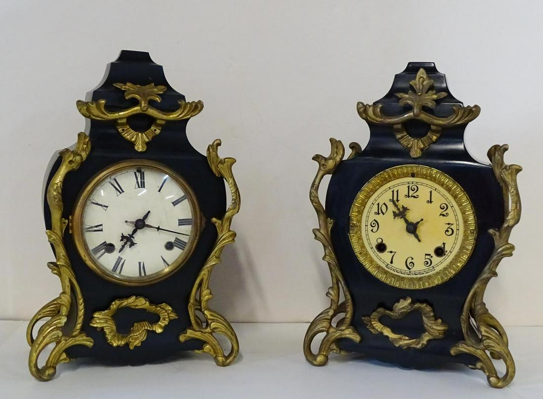 2 GILT METAL SHELF CLOCKS; 2 NEW HAVEN: 2 GILT METAL SHELF CLOCKS; 2 NEW HAVEN 15"H 9.5"W 5"D