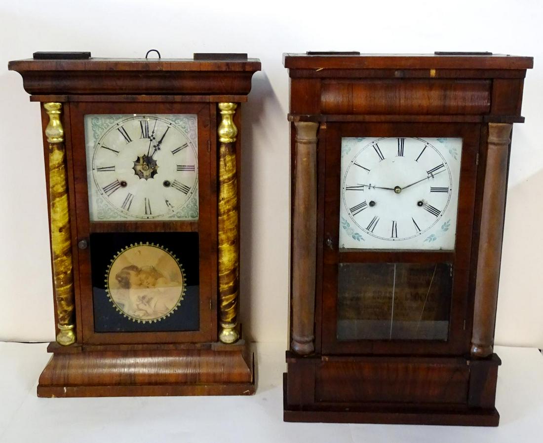 2 COLUMN MOUNT WEIGHT DRIVEN SHELF CLOCKS INC.: 2 COLUMN MOUNT WEIGHT DRIVEN SHELF CLOCKS INC. WATERBURY & JEROME 25.5"H 15"W 4.5"D