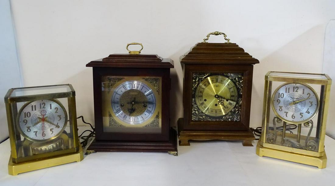 4 SHELF CLOCKS 3 WITH ELECTRIC / BATTERY MOVEMENT INC.: 4 SHELF CLOCKS 3 WITH ELECTRIC / BATTERY MOVEMENT INC. BULOVA, MASTERCRAFTERS & HERMULE 17"H 11"W 7.5"D TALLEST