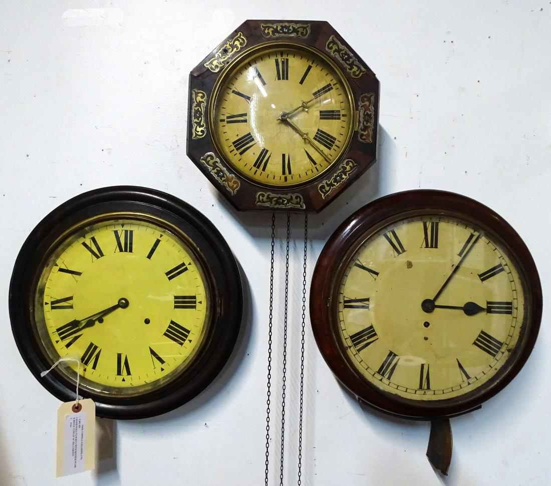 3 WOOD WALL CLOCKS (1 WITH MOTHER PEARL & BOULE (?): 3 WOOD WALL CLOCKS (1 WITH MOTHER PEARL & BOULE (?) INLAY 16" DIA. LARGEST