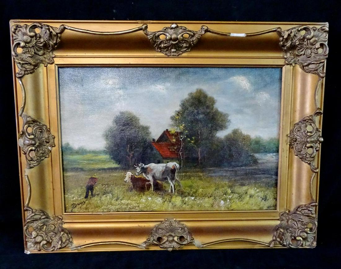 OIL ON CANVAS COWS IN A LANDSCAPE: OIL ON CANVAS COWS IN A LANDSCAPE 12X18"