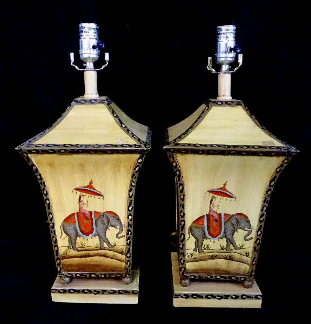 PR. PAINTED TOLE LAMPS WITH CAMEL & ELEPHANT MOTIF: PR. PAINTED TOLE LAMPS WITH CAMEL & ELEPHANT MOTIF 19.5"H