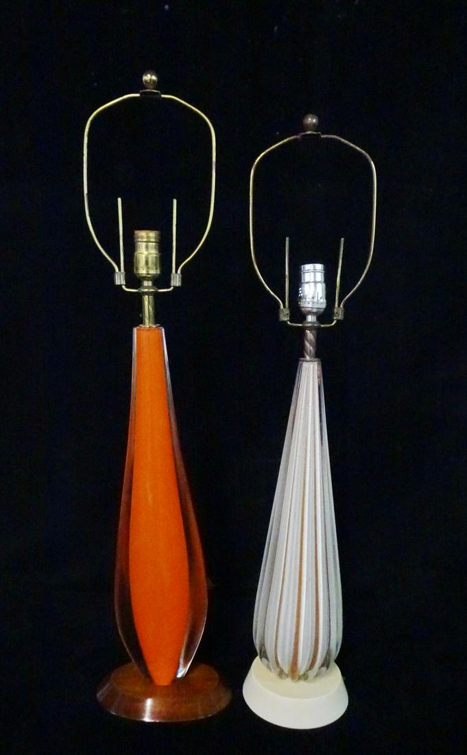 2 MURANO GLASS LAMPS: 2 MURANO GLASS LAMPS 1 ORANGE & 1 WHITE & GOLD 32"H TALLEST WITH HARP