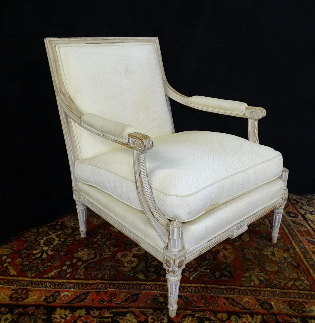 LOUIS XVI STYLE UPHOLSTERED BERGERE: LOUIS XVI STYLE UPHOLSTERED BERGERE 36"H 28"W 27"D