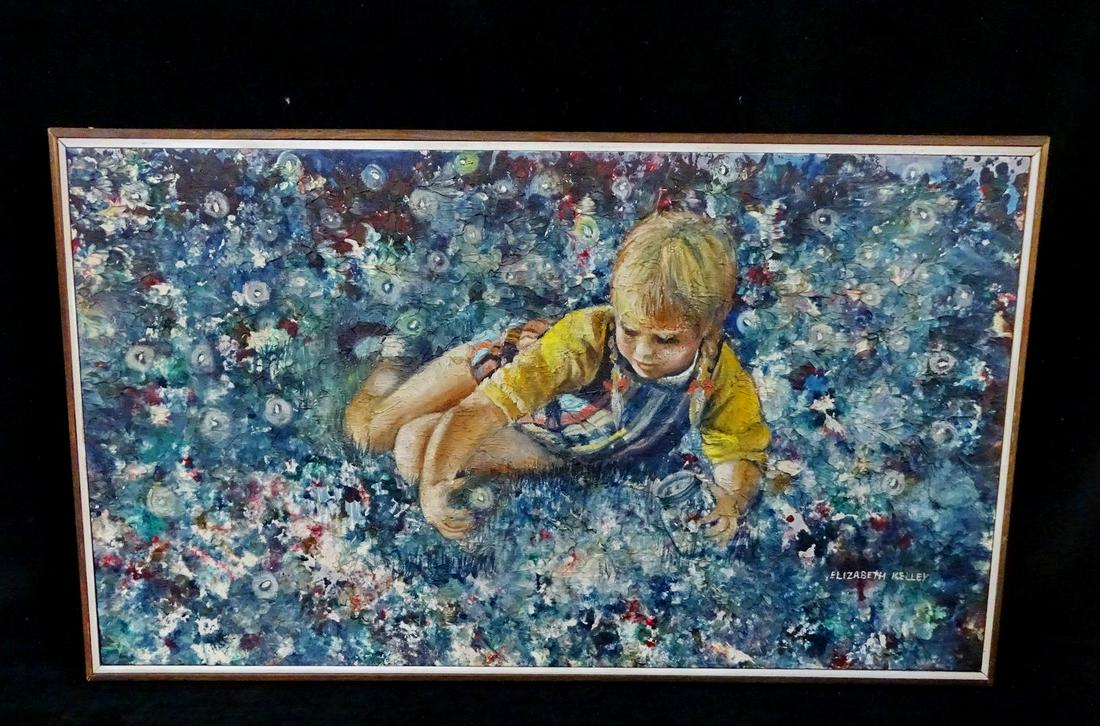 ELIZABETH KELLEY SGN. OIL ON CANVAS GIRL WITH MARBLES: ELIZABETH KELLEY SGN. OIL ON CANVAS GIRL WITH MARBLES 20X34"