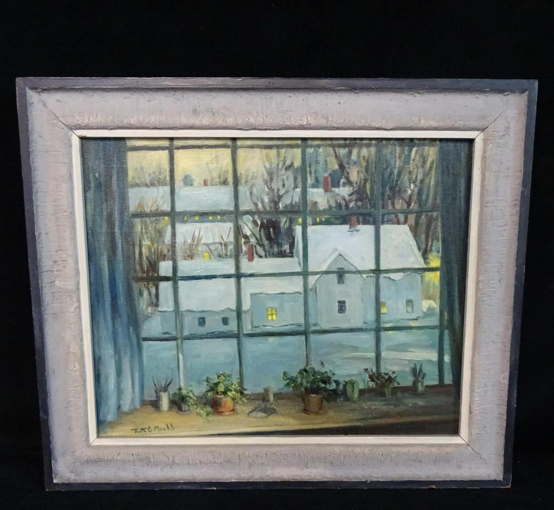RUTH G. MOULD SGN. OIL ON CANVAS WINTER SCENE: RUTH G. MOULD SGN. OIL ON CANVAS WINTER SCENE THROUGH A WINDOW 16X20"