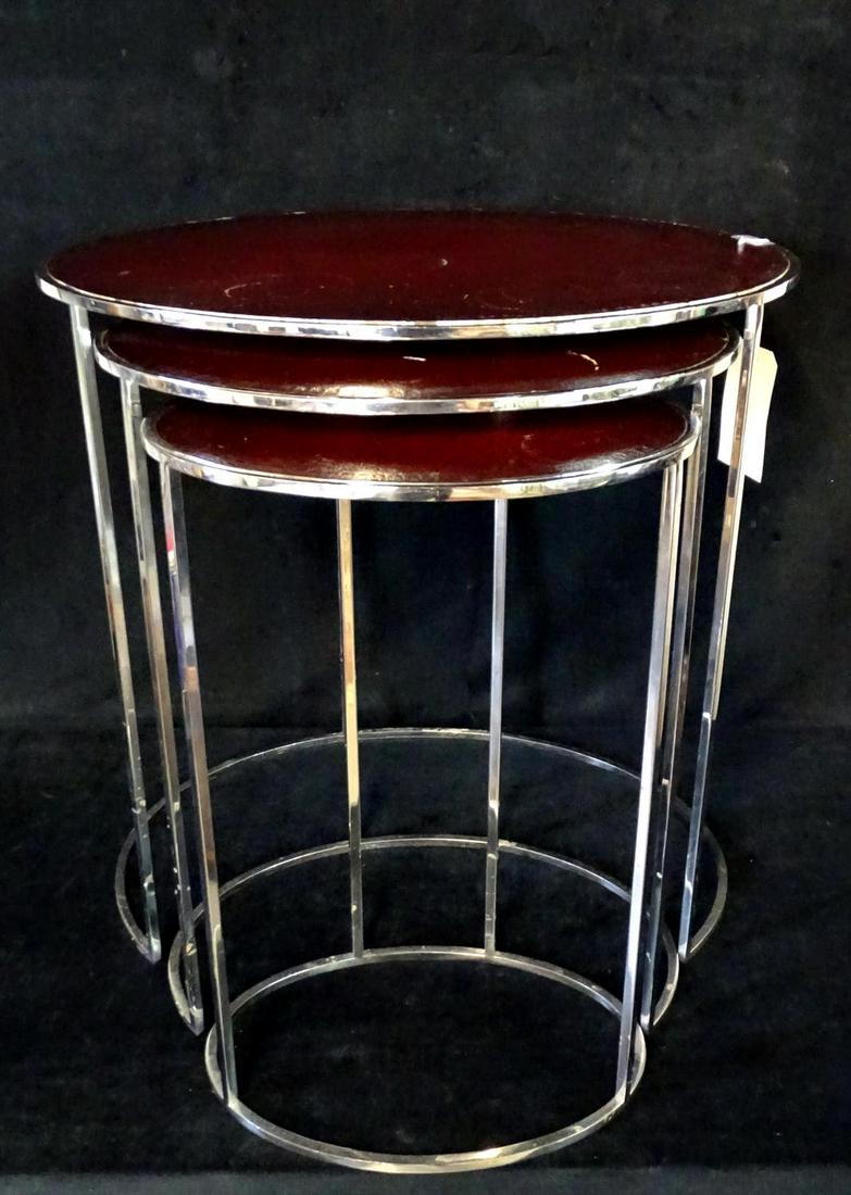 3 CHROME & LEATHER NESTING TABLES: 3 CHROME & LEATHER NESTING TABLES 24"H 24"W 19"D LARGEST