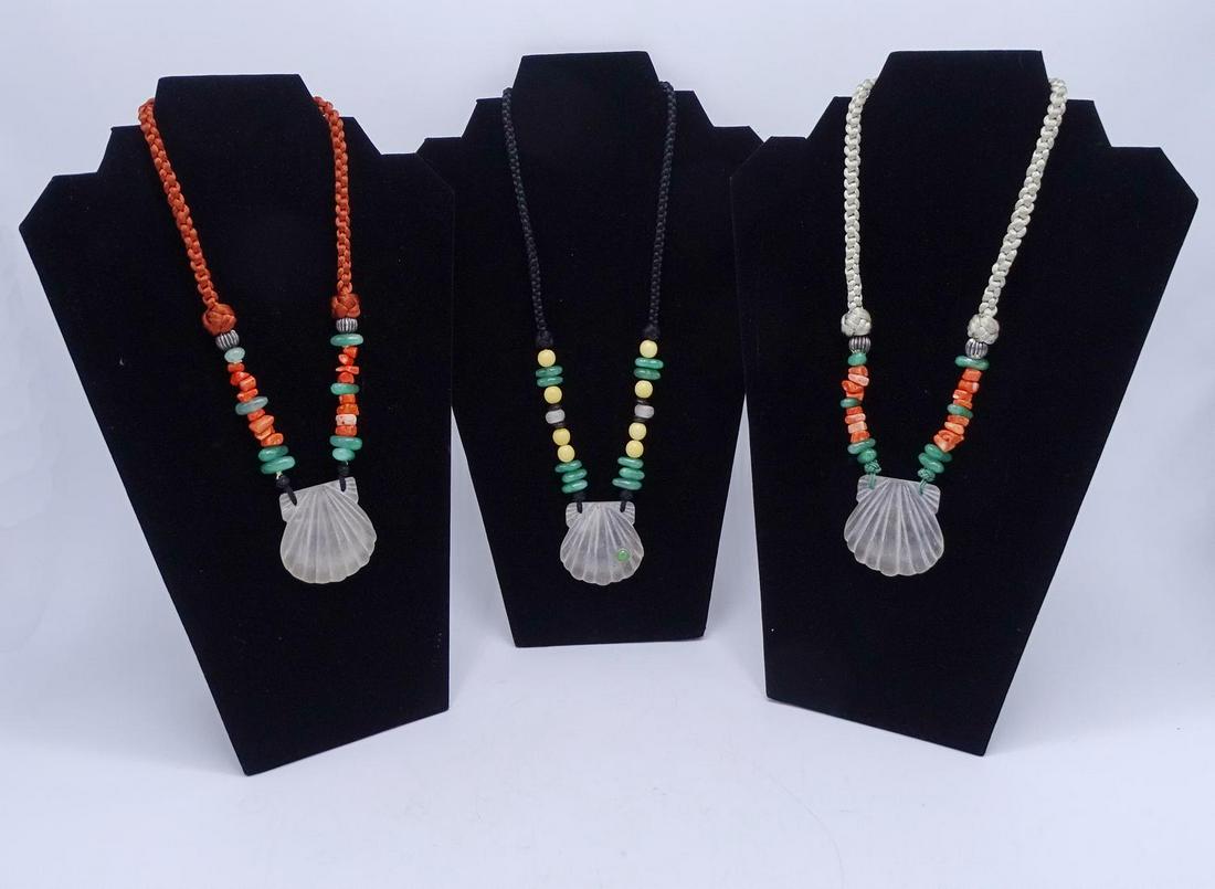 3 NECKLACES ROPED SILK CHAIN WITH LALIQUE STYLE: 3 NECKLACES ROPED SILK CHAIN WITH LALIQUE STYLE PENDANTS (GEOFFREY BEENE FOUNDATION)
