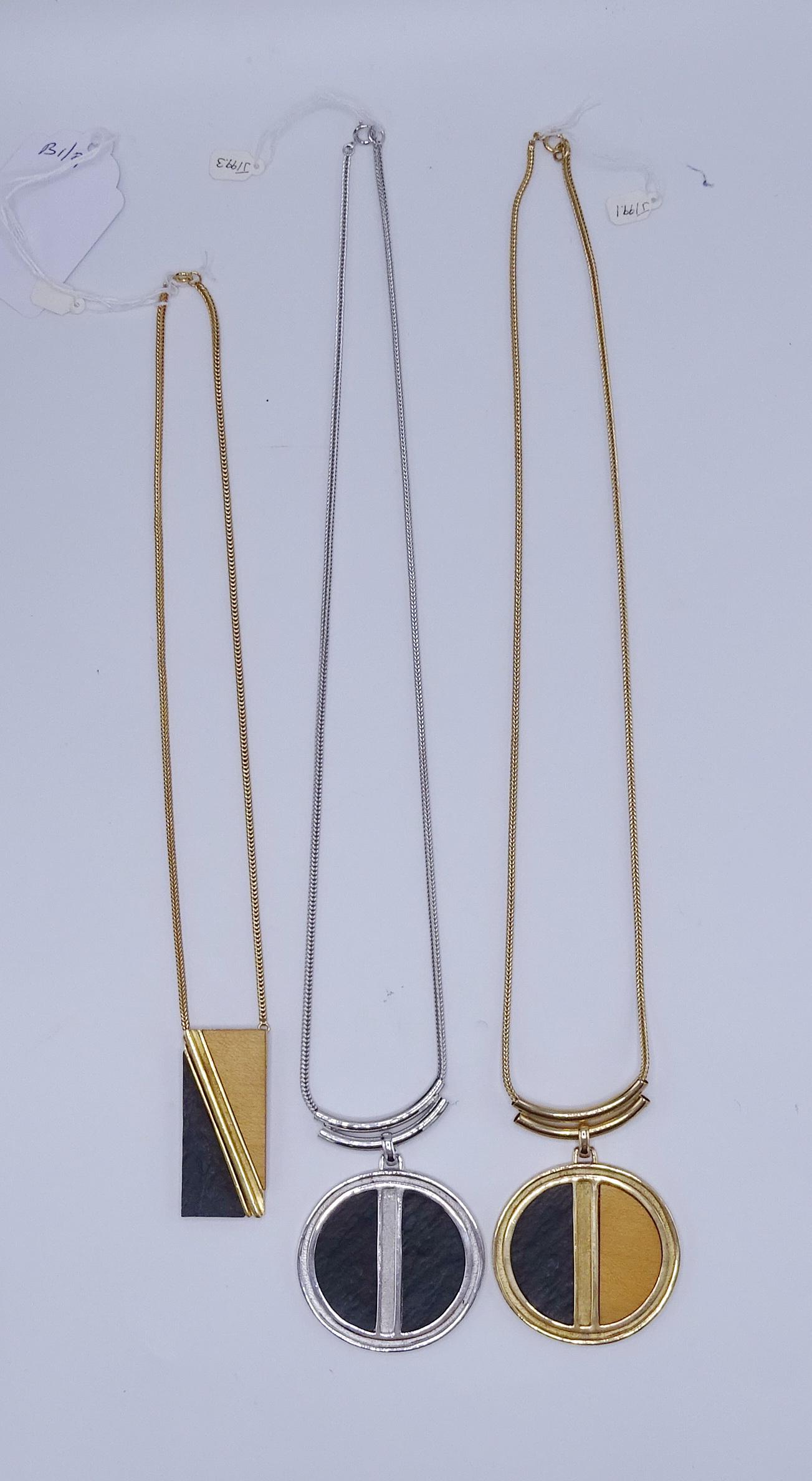 C. 1960 3 SNAKE CHAINE NECKLACES WITH GEOMETRIC: C. 1960 3 SNAKE CHAINE NECKLACES WITH GEOMETRIC PENDANTS (GEOFFREY BEENE FOUNDATION)