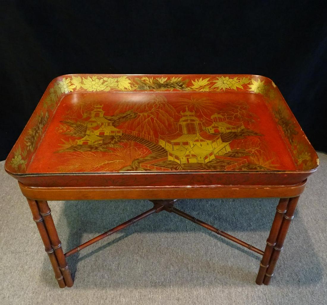 CHINOISERIE PAINT DECORATED TRAY TOP TABLE: CHINOISERIE PAINT DECORATED TRAY TOP TABLE (SOME CHIPS) 20"H 30"L 21"D