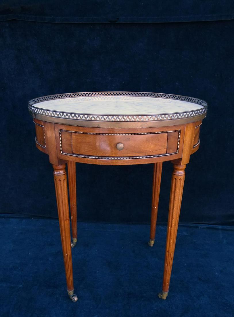 LOUIS XVI STYLE BOUILLOTTE TABLE WITH GALLERY: LOUIS XVI STYLE MARBLE TOP BOUILLOTTE TABLE WITH GALLERY 31"H 27" DIA.
