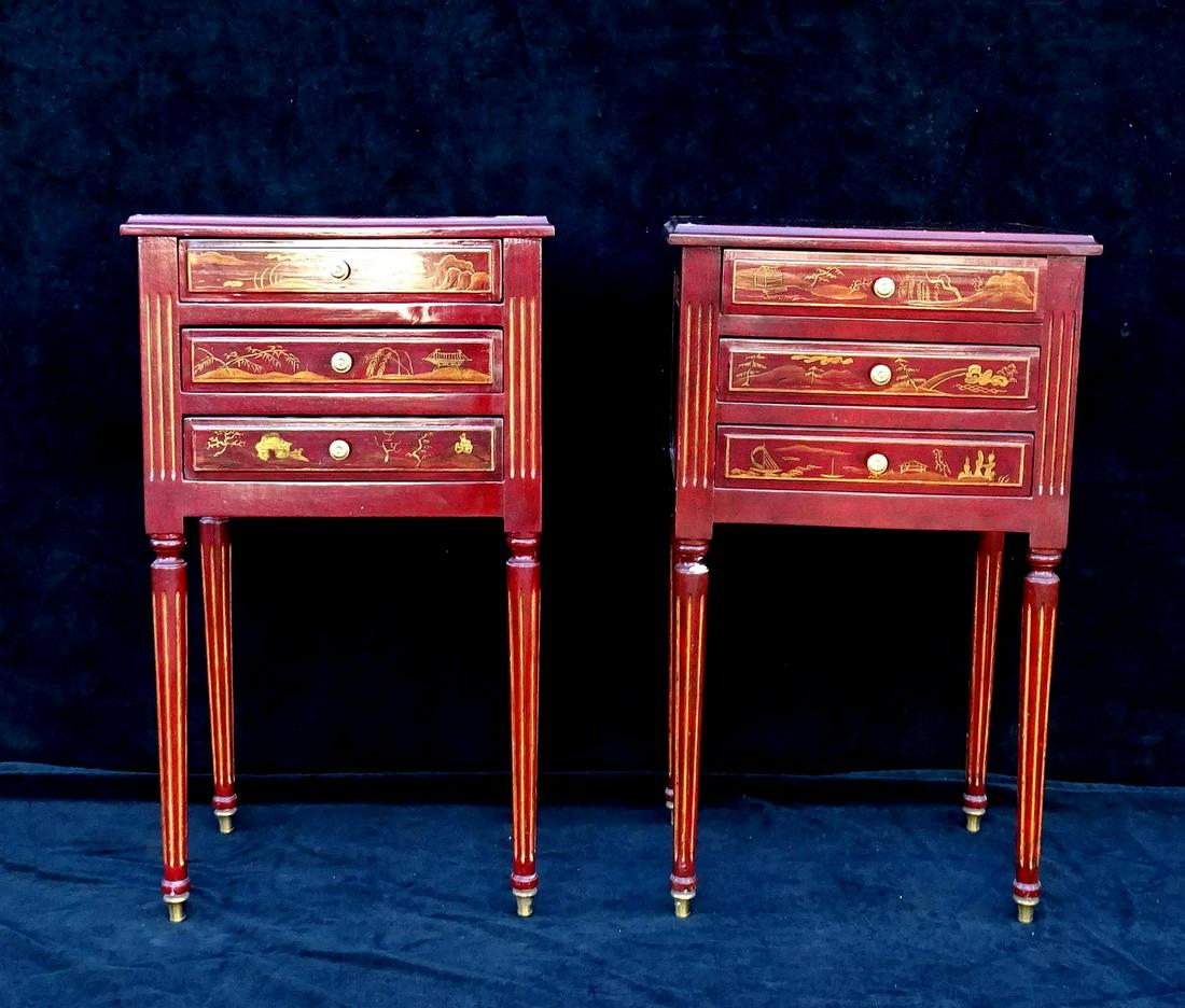 PR. 20TH C. CHINOISERIE DECORATED PETIT COMMODES: PR. 20TH C. CHINOISERIE DECORATED PETIT COMMODES 28"H 15"W 11"D