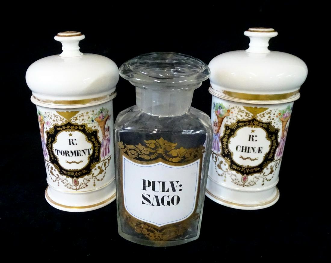 3 APOTHECARY JARS 2 MARKED H. VIGNIER: 3 APOTHECARY JARS 2 MARKED H. VIGNIER & 1 GLASS 10.5"H