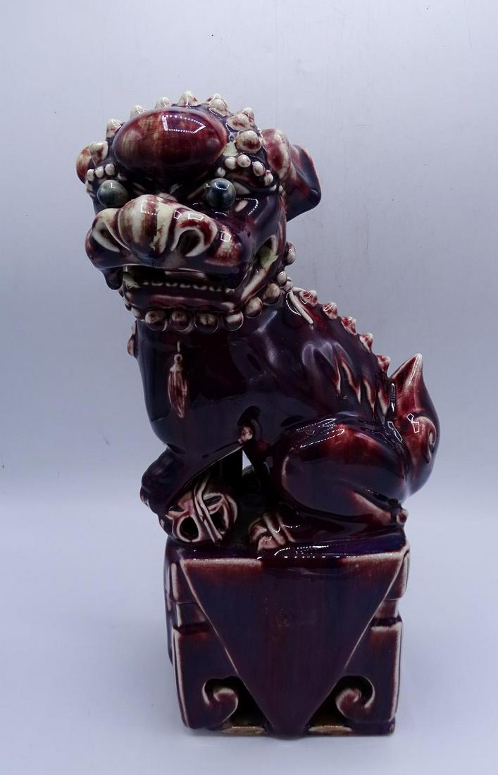 SANG DE BOUEF PORCELAIN FOO DOG: SANG DE BOUEF PORCELAIN FOO DOG (CHIP TO EAR) 16"H