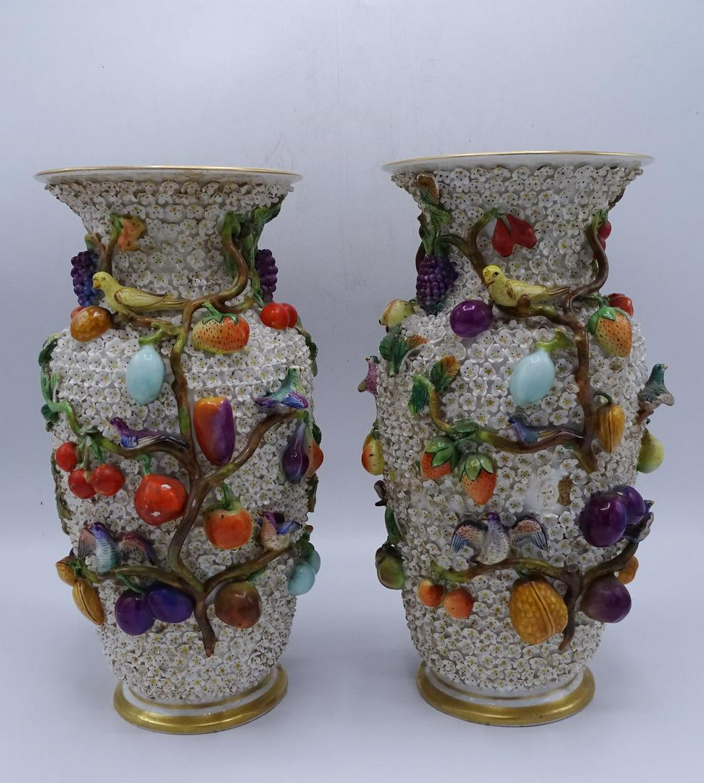 PR. JACOB PETIT RAISED PORCELAIN VASES FRUIT & BIRD: PR. JACOB PETIT RAISED PORCELAIN VASES FRUIT & BIRD MOTIF (LOSSES; DRILLED FOR LAMPS) 12.5"H