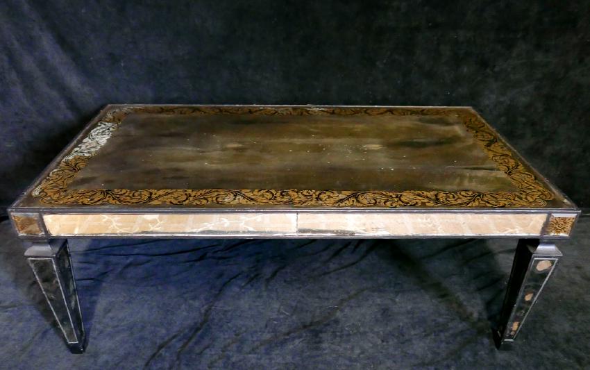 REVERSE PAINTED MIRRORED COCKTAIL TABLE: REVERSE PAINTED MIRRORED COCKTAIL TABLE 17.5"H 46"W 25.5"D