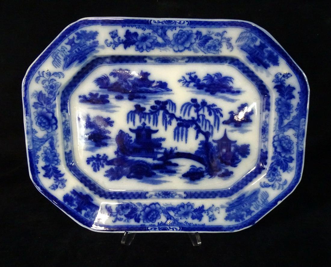 FLOW BLUE IRONSTONE PLATTER (MANILLA PATTERN): FLOW BLUE IRONSTONE PLATTER (MANILLA PATTERN) 16x12"