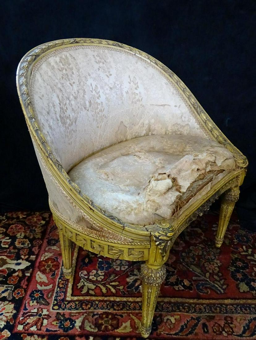 LOUIS XVI STYLE PAINT DECORATED BERGERE: LOUIS XVI STYLE PAINT DECORATED BERGERE 29"H 28"W 18"D