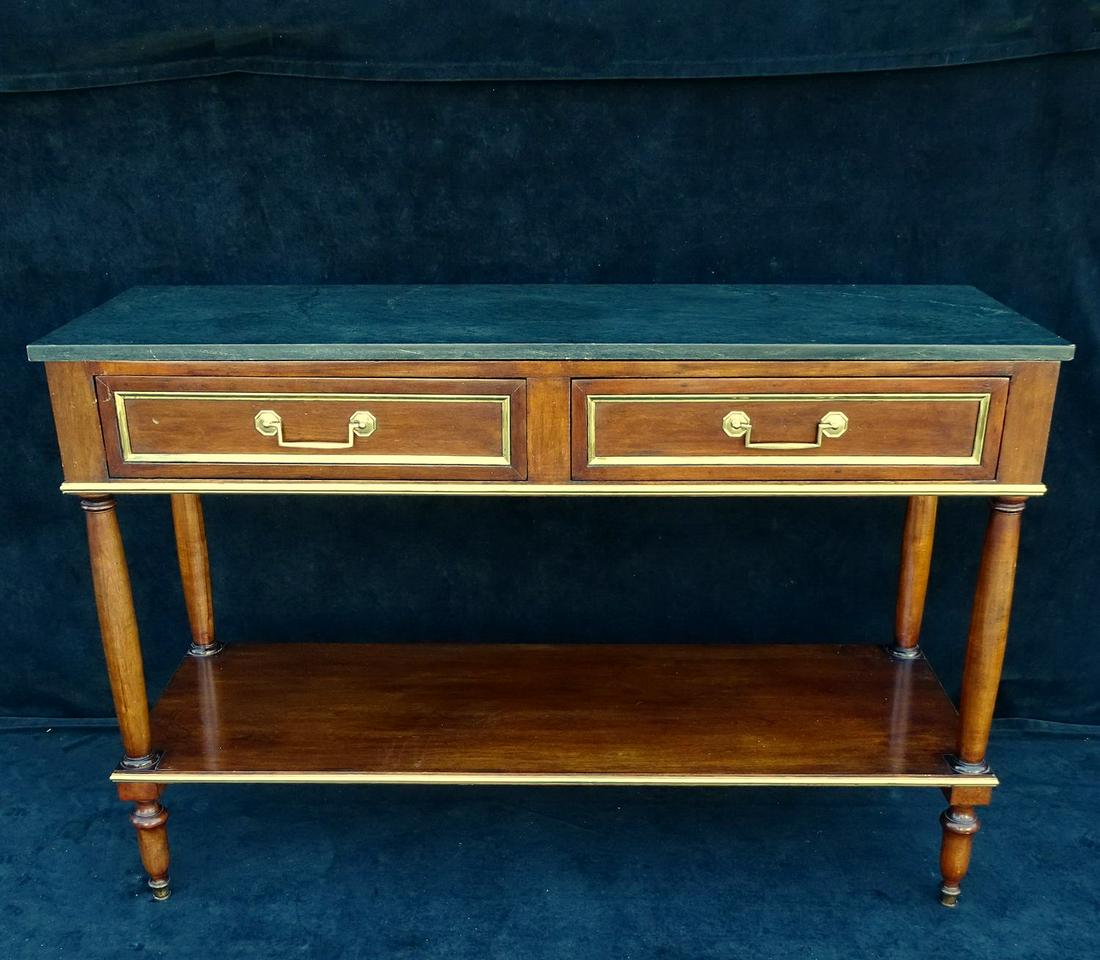 GREEN MARBLE TOP DIRECTOIRE STYLE SERVER: GREEN MARBLE TOP DIRECTOIRE STYLE 2 TIER SERVER WITH BRASS TRIM 32"H 48"L 16.5"D