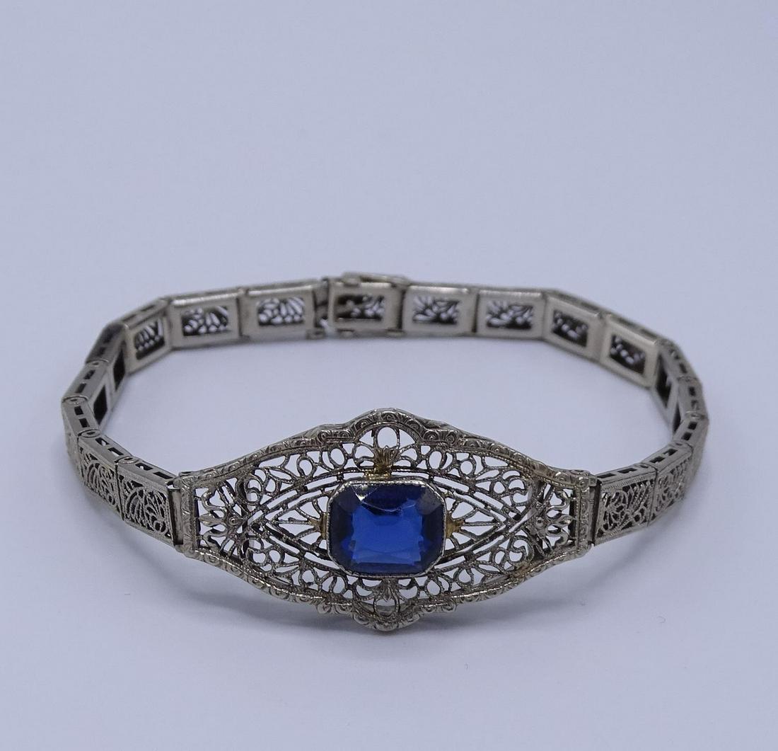C. 1920 10K GOLD & SYNTHETIC SAPPHIRE BRACELET: C. 1920 10K GOLD & SYNTHETIC SAPPHIRE BRACELET