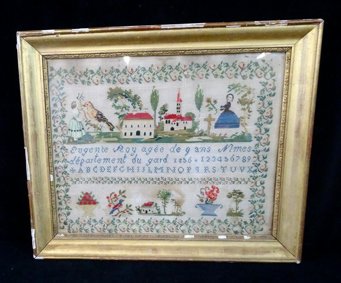 19TH C. FRENCH CANADIAN SAMPLER 16" X 19": 19TH C. FRENCH CANADIAN SAMPLER 16" X 19"