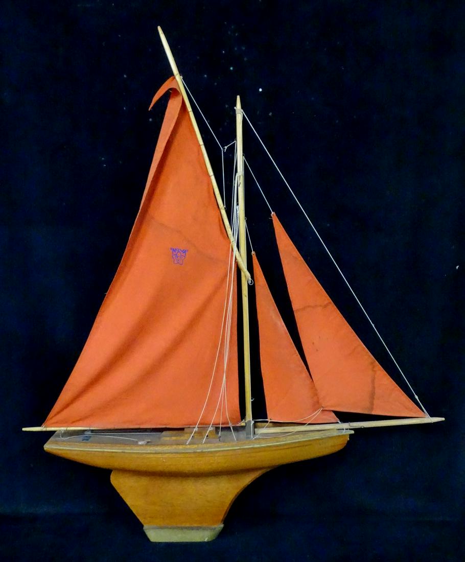 FRENCH BOAT MODEL W/ORANGE SAILS 46" X 36": FRENCH BOAT MODEL W/ORANGE SAILS 46" X 36"