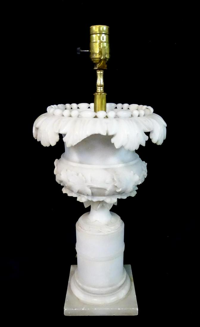 ALABASTER URN FORM LAMP 20"H 9.5" DIA.: ALABASTER URN FORM LAMP 20"H 9.5" DIA.