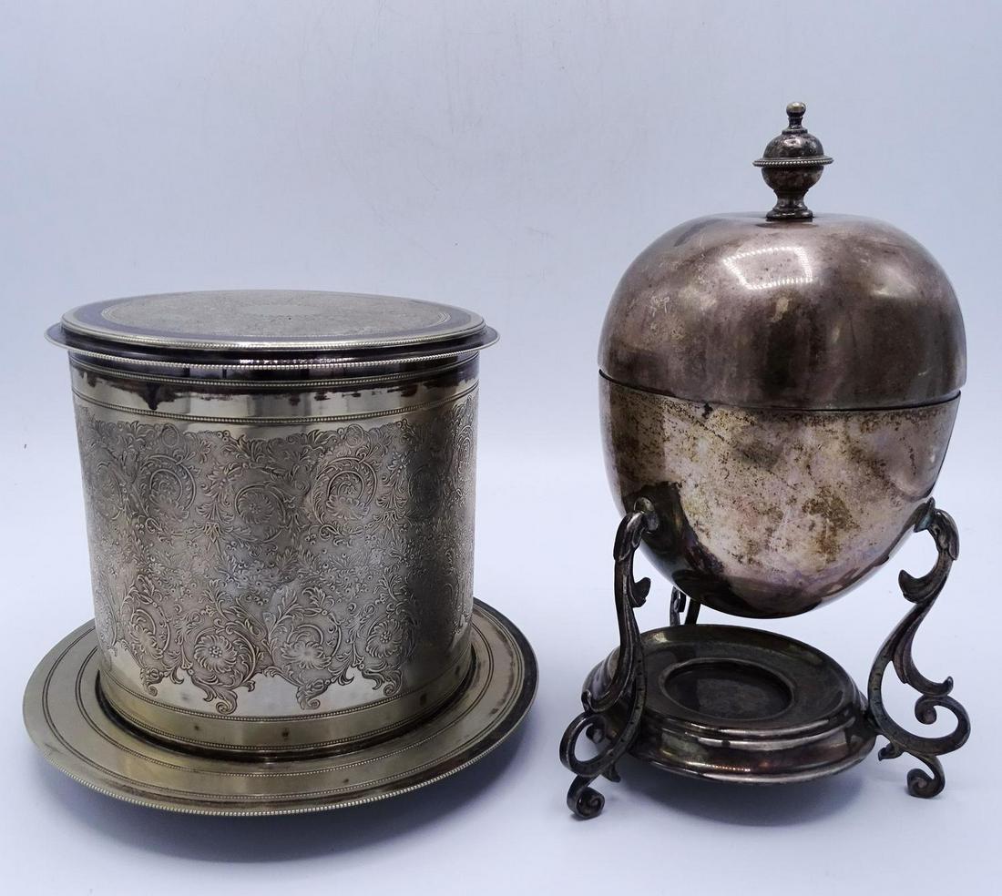 2 PCS. SILVERPLATE EGG HOLDER & COVERED BOX; EGG HOLDER: 2 PCS. SILVERPLATE EGG HOLDER & COVERED BOX; EGG HOLDER 9"H