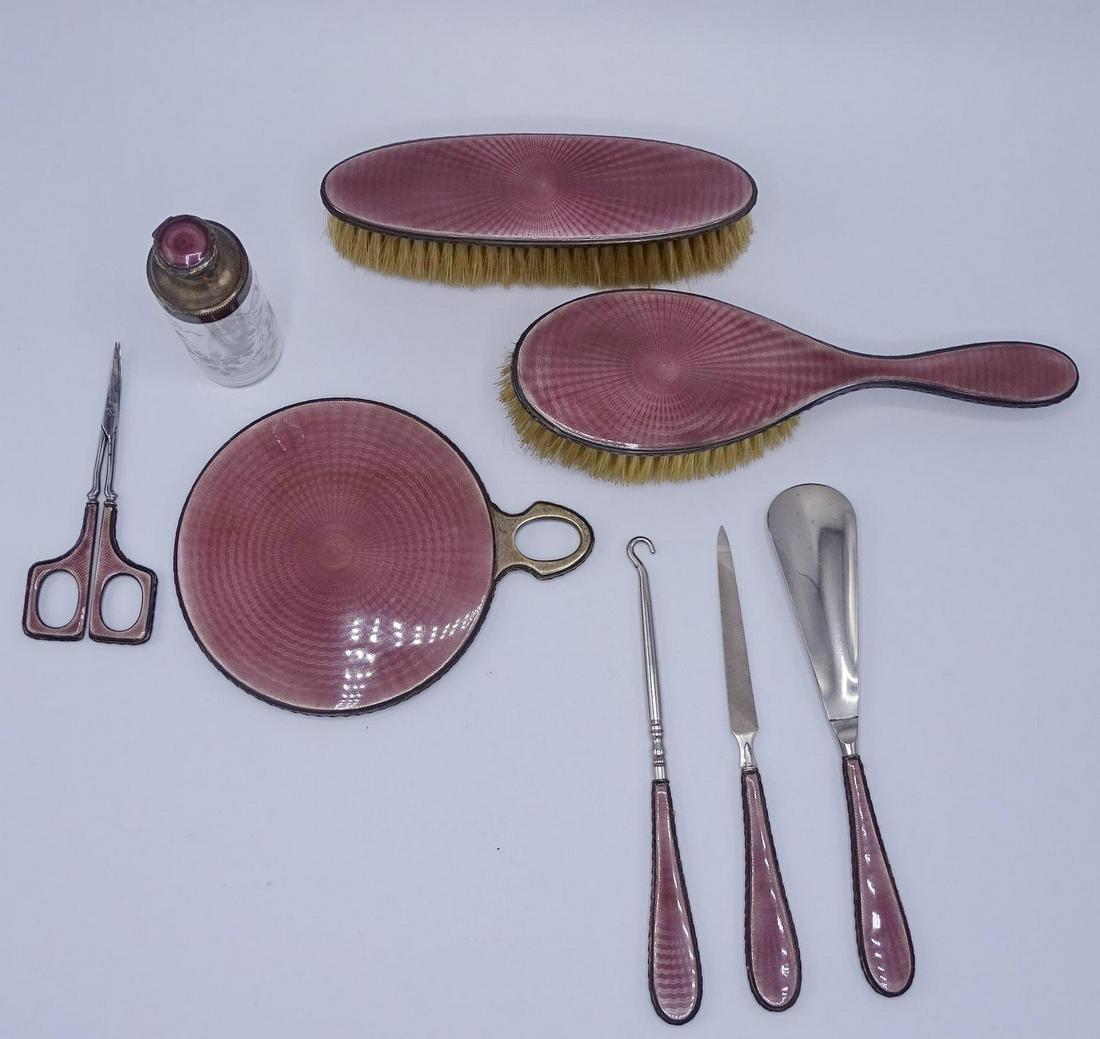 8 PC. TIFFANY & CO. STERLING SILVER DRESSER SET: 8 PC. STERLING SILVER & ENAMEL DRESSER SET; MIRROR 6"H 4.5" DIA.