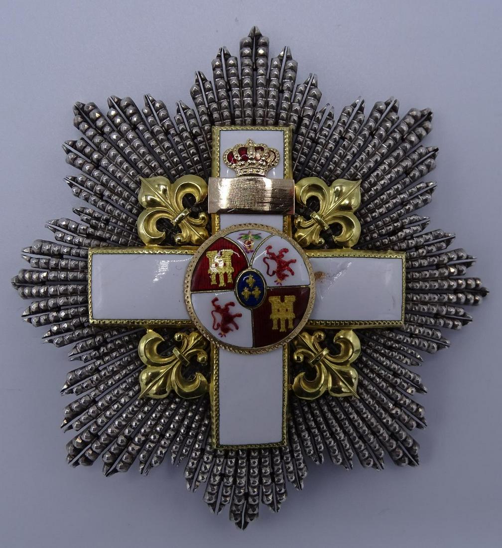 SPANISH MILITARY BREAST BADGE SILVER & GILT ENAMEL JOSE: SPANISH MILITARY BREAST BADGE SILVER & GILT ENAMEL JOSE FERNZ MAYOR MADRID 3.75" DIA.