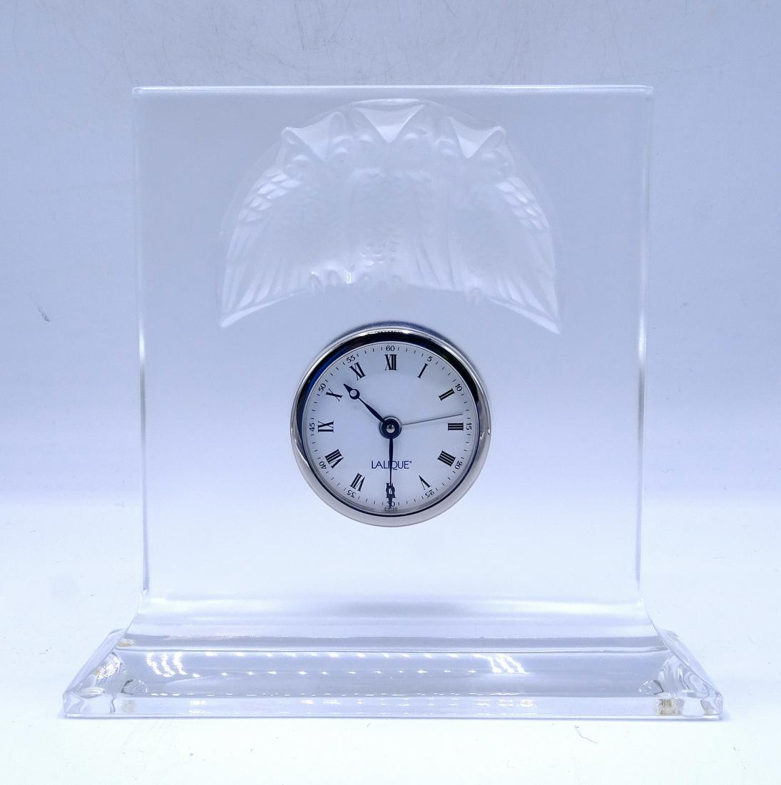 LALIQUE CRYSTAL OWL CLOCK 7.5"H 7.5"L 2"D: LALIQUE CRYSTAL OWL CLOCK 7.5"H 7.5"L 2"D