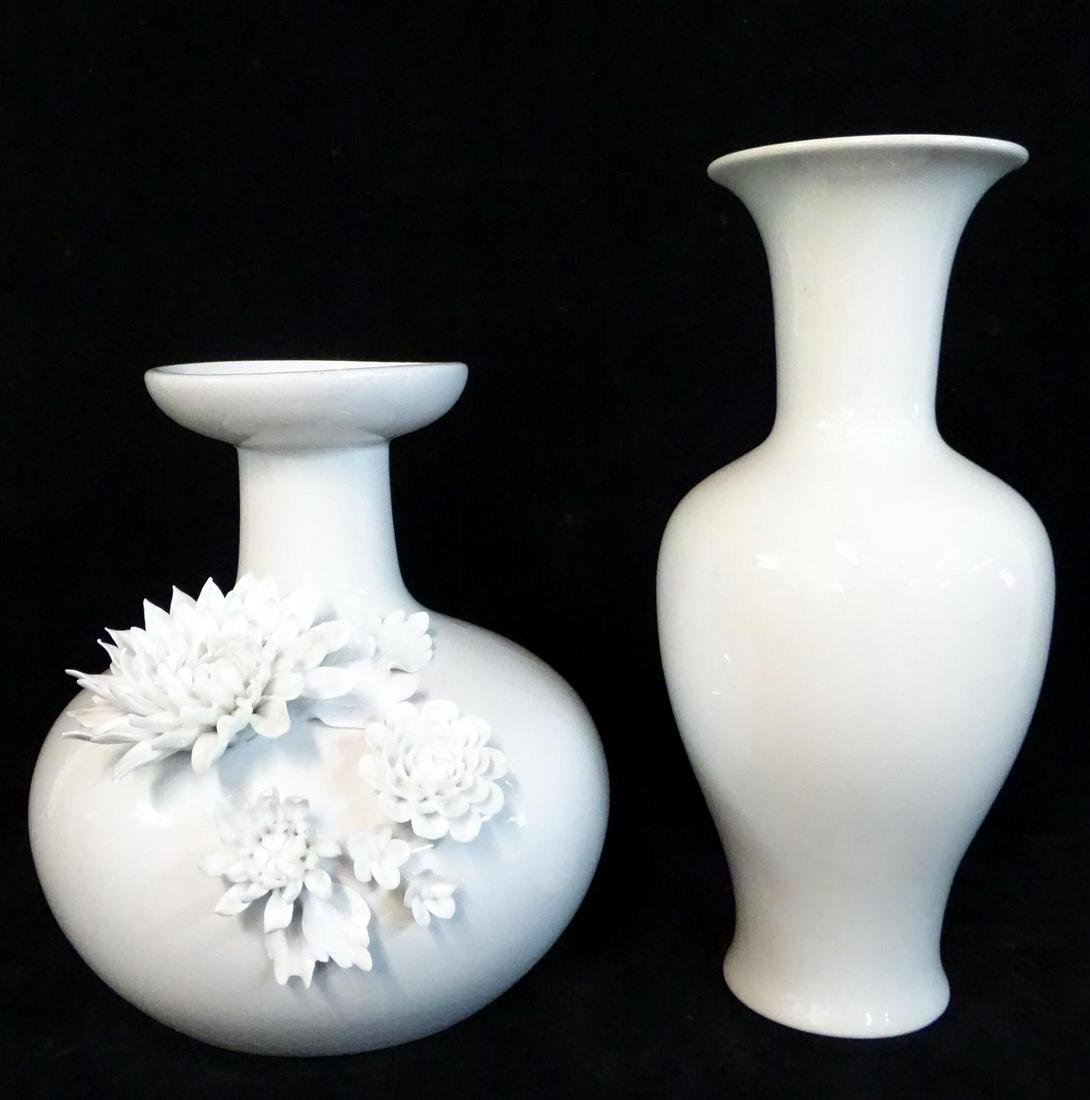 2 WHITE PORCELAIN VASES: 1 14"H BAVARIAN & 1 WITH: 2 WHITE PORCELAIN VASES: 1 14"H BAVARIAN & 1 WITH MISSING LEAF