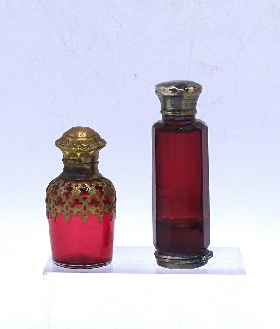 2 RUBY GLASS PERFUMES (1 STERLING SILVER) 3.5"H TALLEST: 2 RUBY GLASS PERFUMES (1 STERLING SILVER) 3.5"H TALLEST