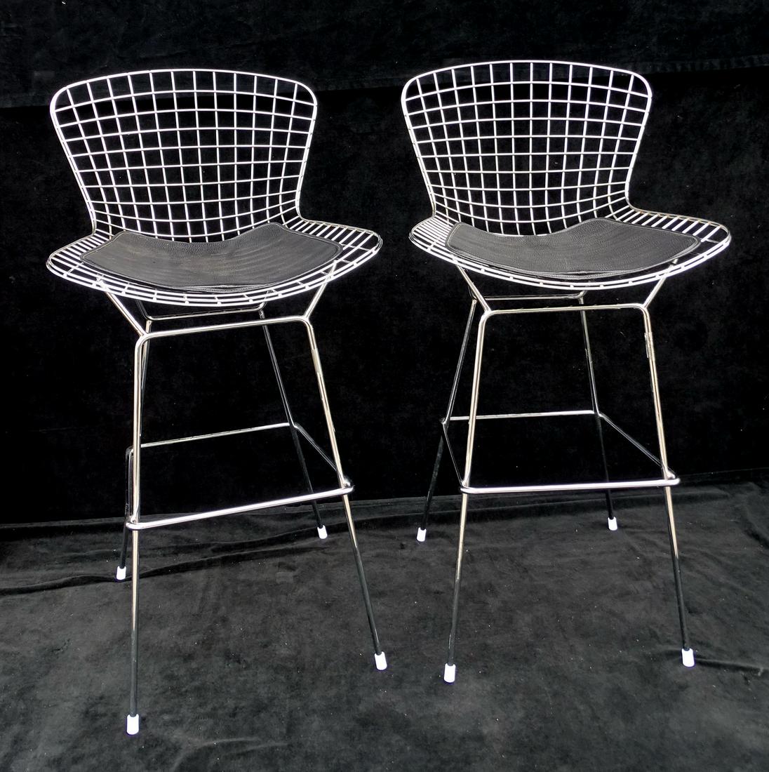 PAIR OF BERTOIA CHROME BAR STOOLS W/BLACK LEATHER: PAIR OF BERTOIA CHROME BAR STOOLS W/BLACK LEATHER CUSHIONS