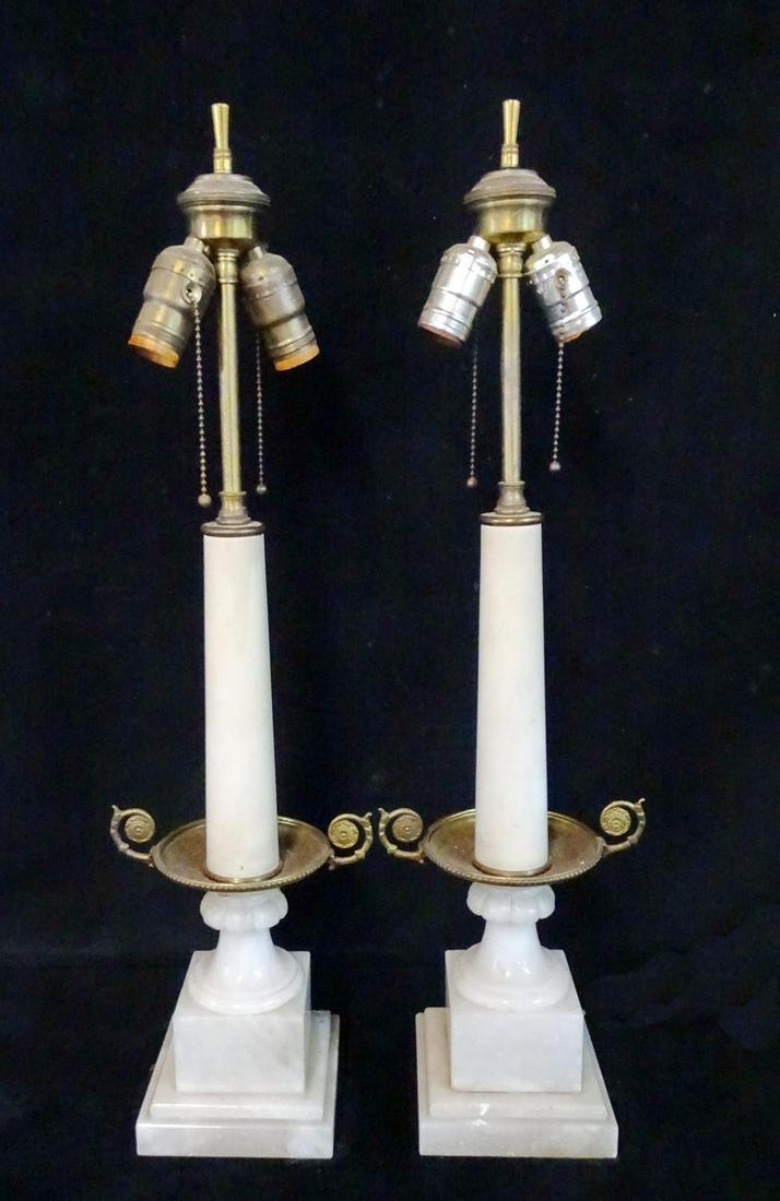 PR. BRASS & ALABASTER COLUMN LAMPS 27.5"H: PR. BRASS & ALABASTER COLUMN LAMPS 27.5"H