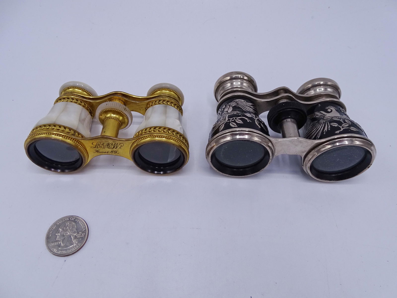 2 PR. OPERA GLASSES MOTHER OF PEARL & STERLING SILVER: 2 PR. OPERA GLASSES MOTHER OF PEARL & STERLING SILVER MOUNTED 3X4"