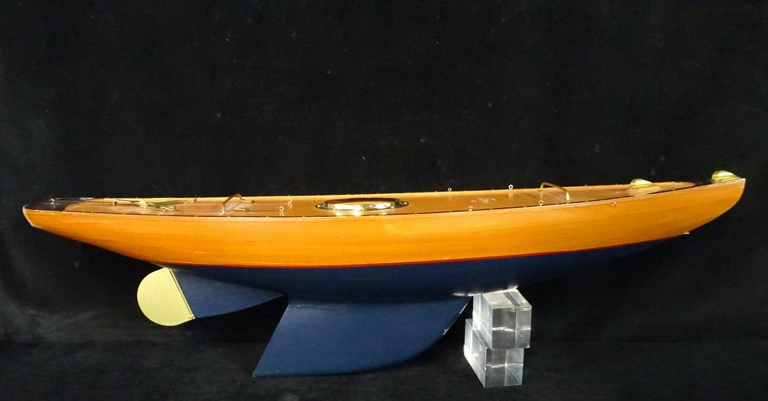 SAILBOAT MODEL WITH BLUE HULL 47"H: SAILBOAT MODEL WITH BLUE HULL 47"H