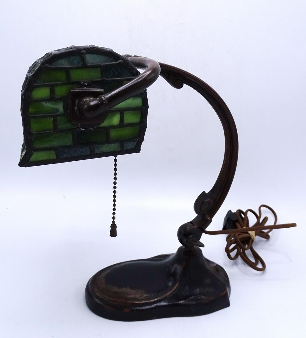 PIANO LAMP WITH SGN. HANDEL BASE & GEOMETRIC SHADE 11"H: PIANO LAMP WITH SGN. HANDEL BASE & GEOMETRIC SHADE 11"H 11.5"W