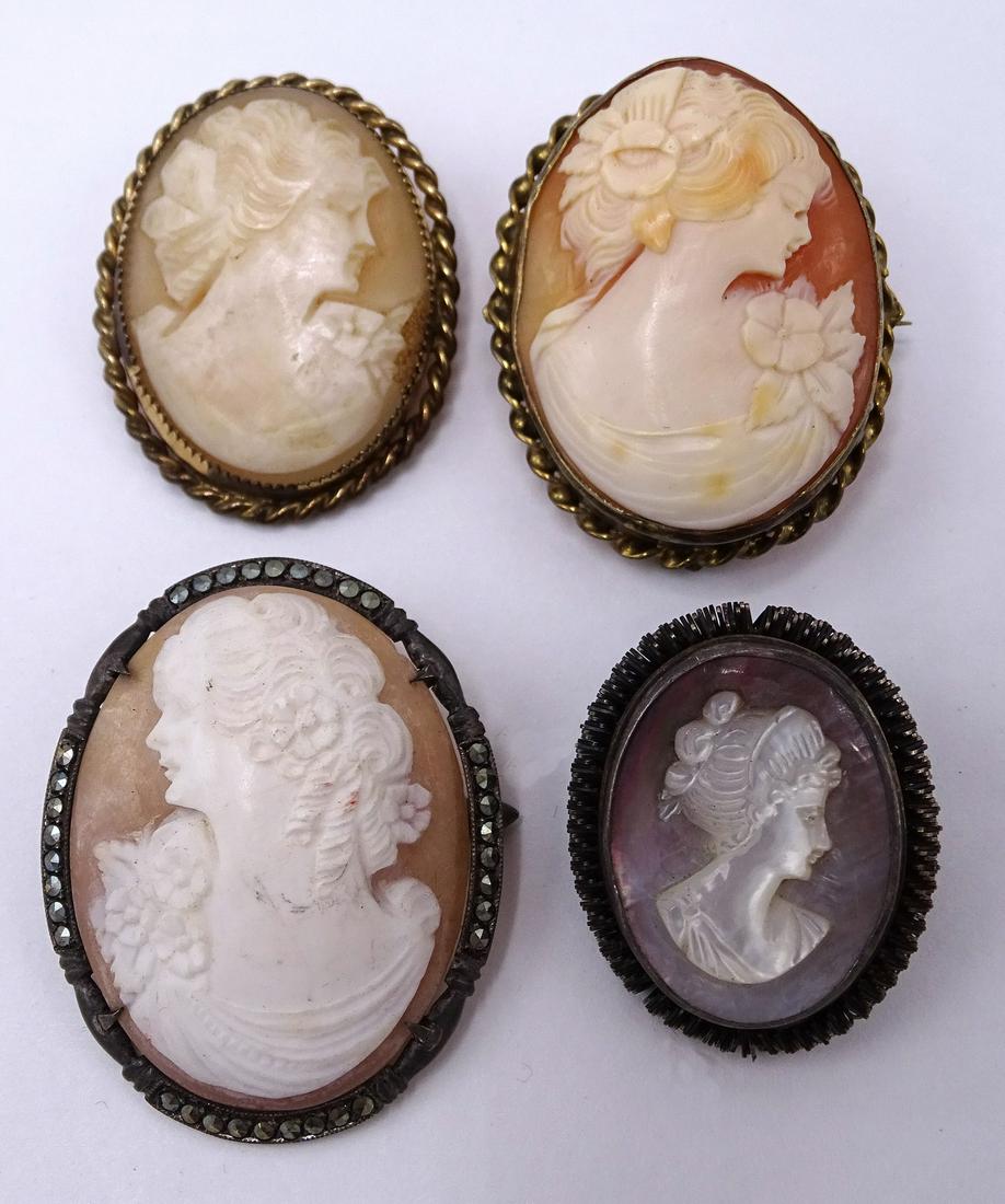 4 STERLING SILVER AND GOLD FILLED CAMEOS: 4 STERLING SILVER AND GOLD FILLED CAMEOS