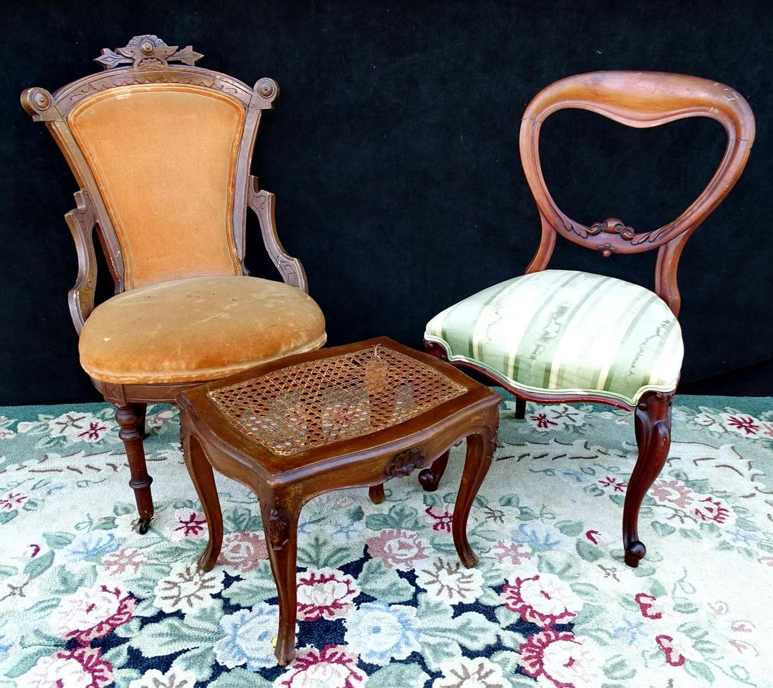 2 VICTORIAN CHAIRS & CANED FOOT STOOL: 2 VICTORIAN CHAIRS & CANED FOOT STOOL