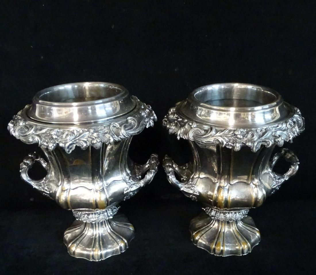 PR. ENGLISH REPOUSSE SILVERPLATE WINE COOLERS WITH: PR. ENGLISH REPOUSSE SILVERPLATE WINE COOLERS WITH INSERTS 12"H 9" DIA.