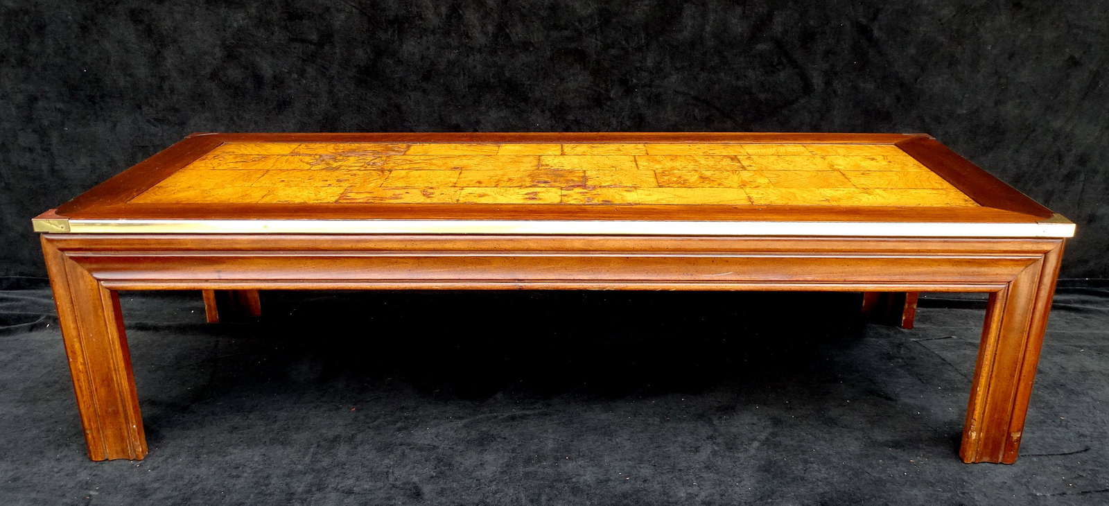 BRASS BOUND ELM COCKTAIL TABLE (BAKER?) 15"H 57"L 18"D: BRASS BOUND ELM COCKTAIL TABLE (BAKER?) 15"H 57"L 18"D