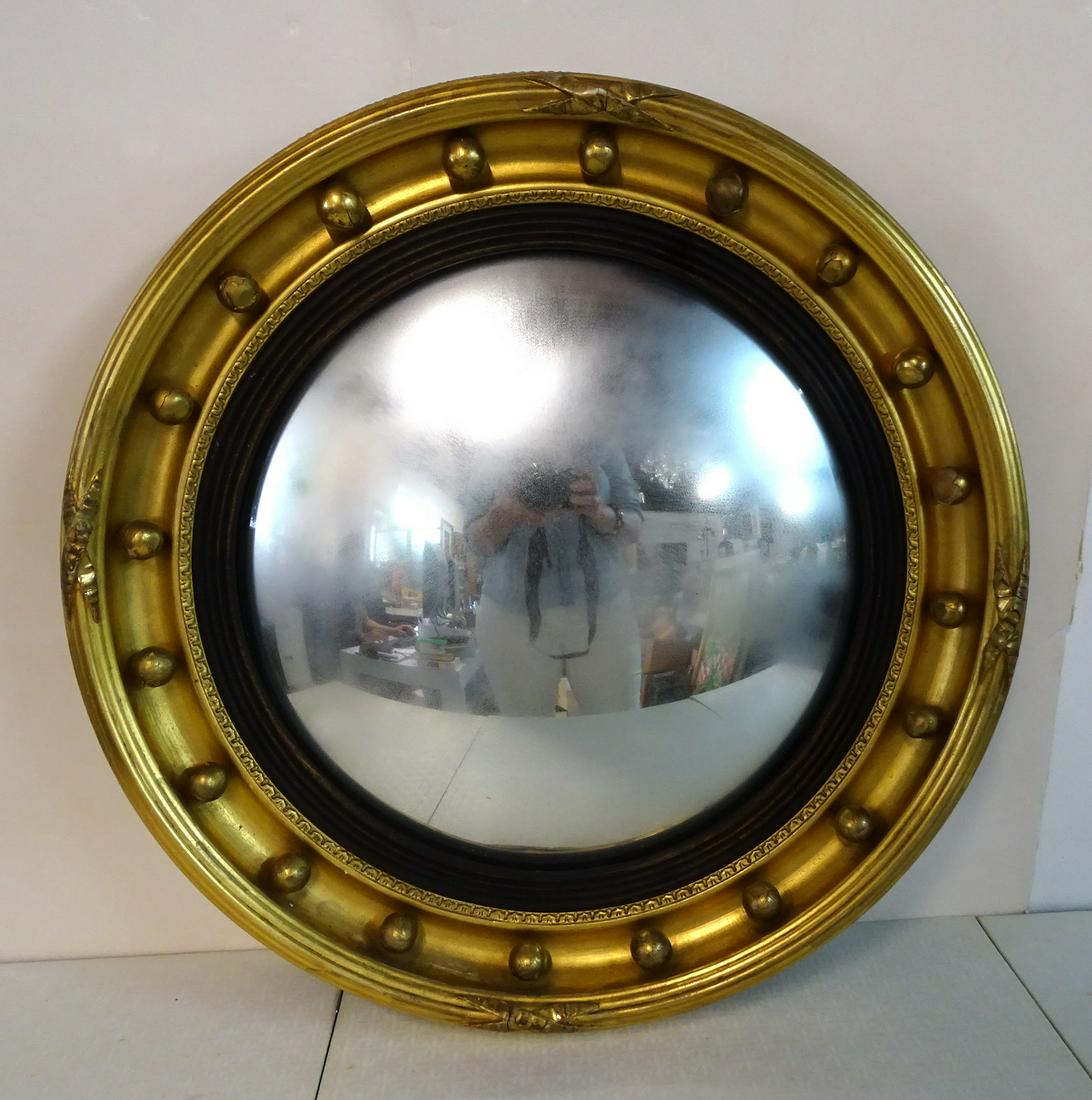 GILT & DECORATED BULLS EYE MIRROR 22" DIA.: GILT & DECORATED BULLS EYE MIRROR 22" DIA.