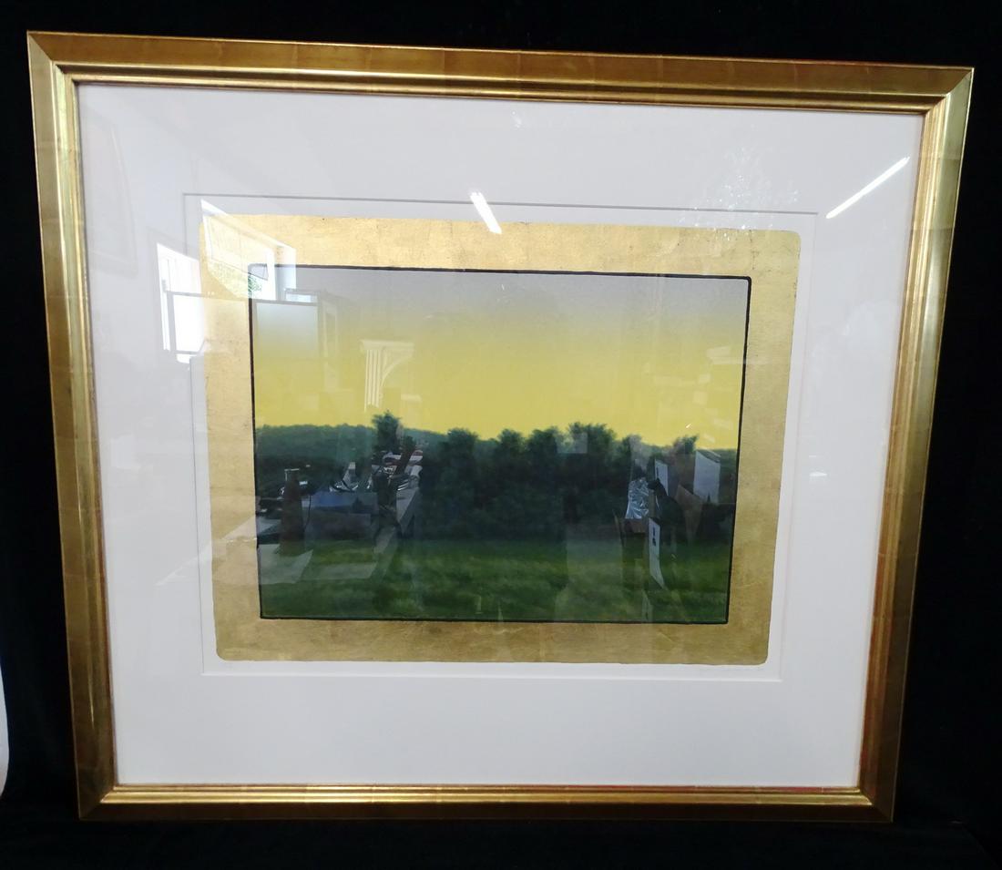 JOHN BEERMAN SGN. PRINT LANDSCAPE WITH GOLDLEAF 20X26": JOHN BEERMAN SGN. PRINT LANDSCAPE WITH GOLDLEAF 20X26" IMAGE 36X41" W FRAME