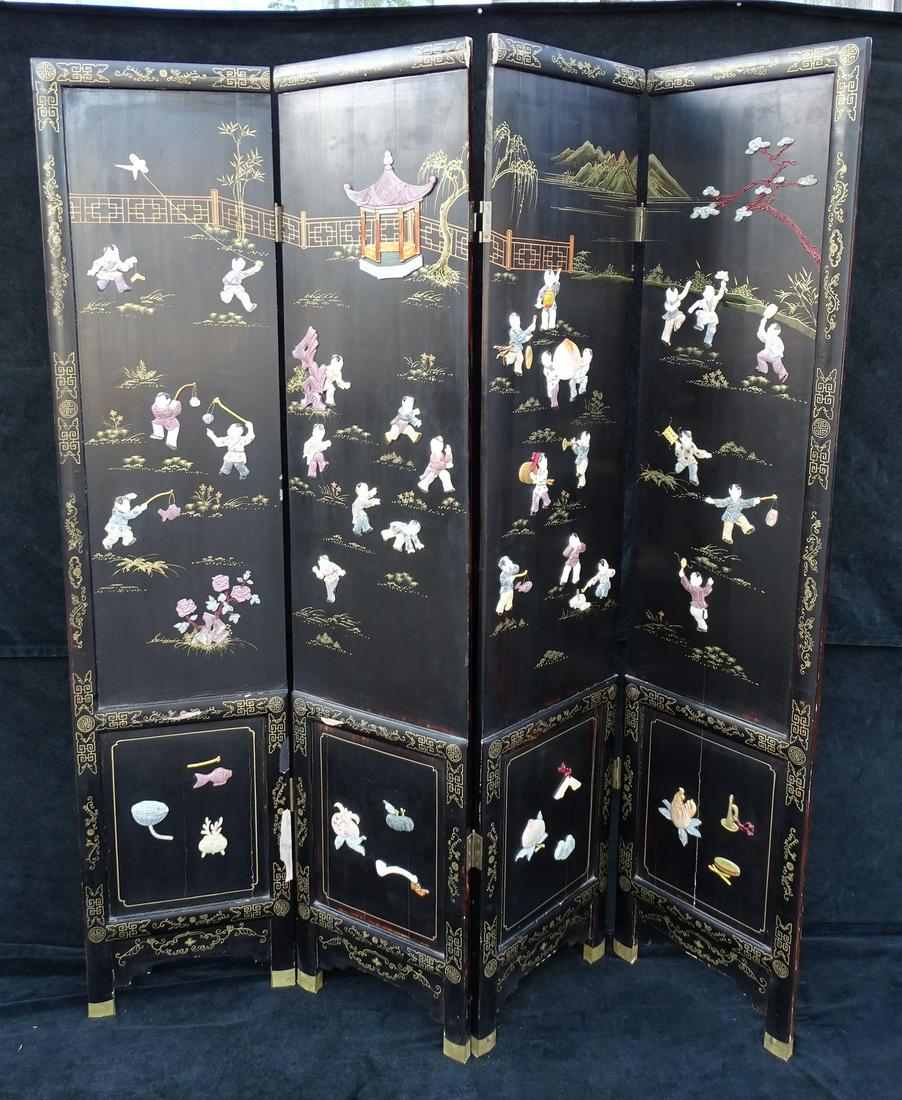 FOUR PANEL CHINESE HARDSTONE SCREEN: FOUR PANEL CHINESE HARDSTONE SCREEN, 72" X 64
