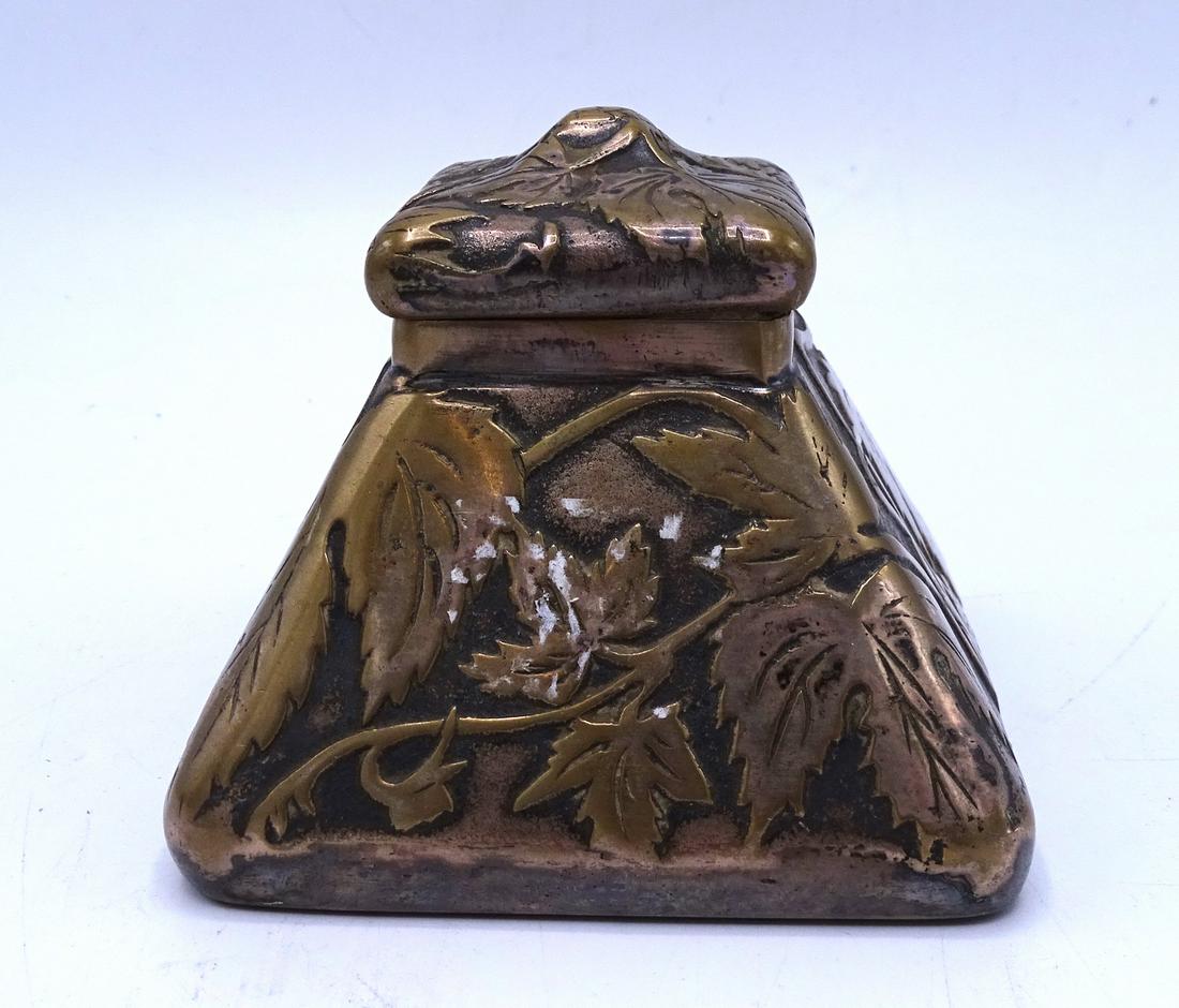 ART NOUVEAU BRONZE & SILVER INKWELL: ART NOUVEAU BRONZE & SILVER INKWELL, 4X4